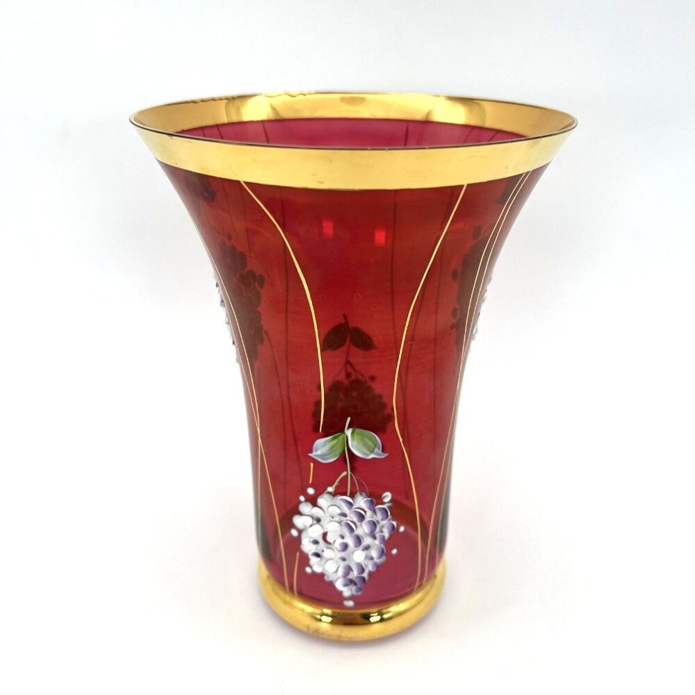 Famosa LPW Vienna Austria Ruby Red Glass Vase Hand Painted Grapes Gold Trim - Picture 3 of 14